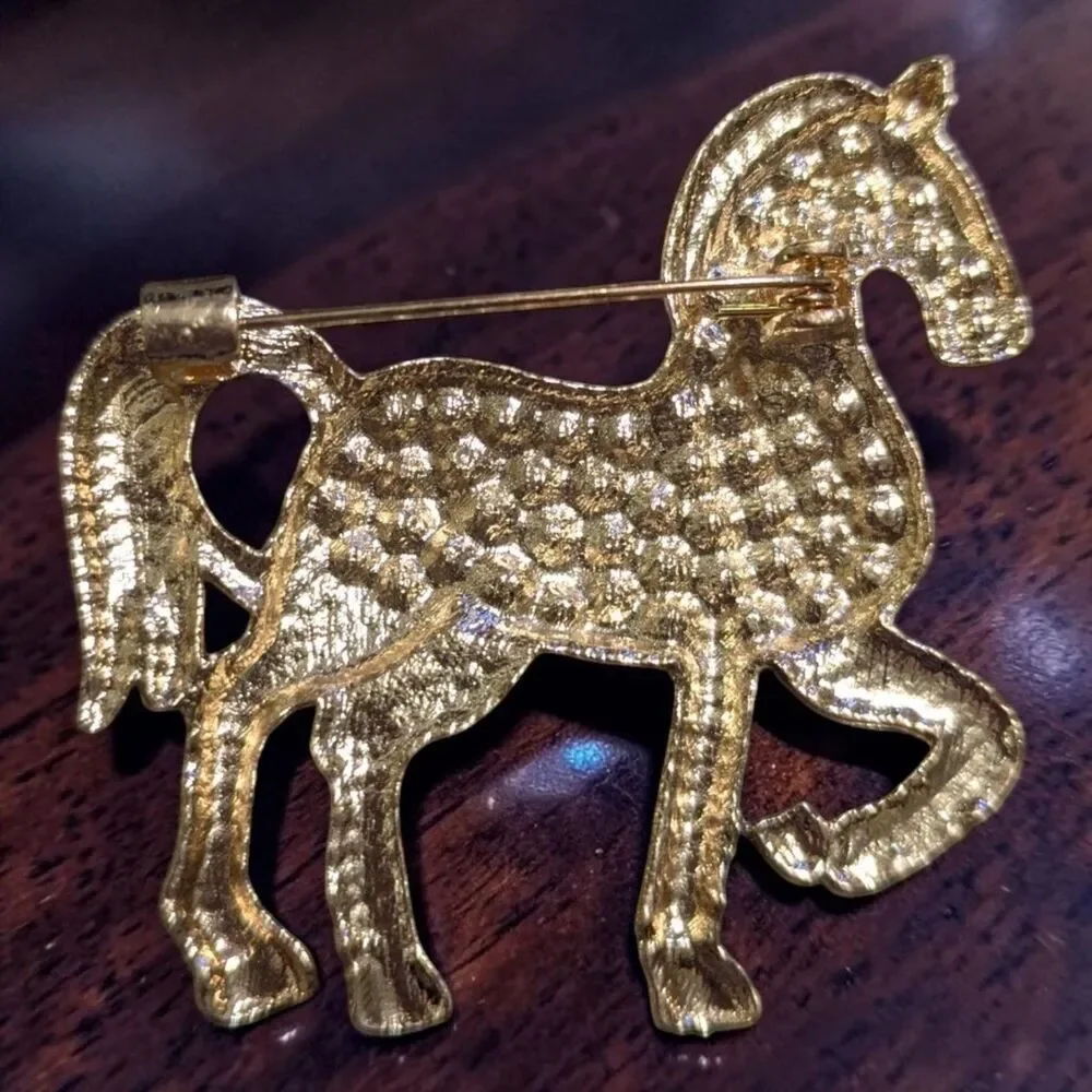Gold Tone Rhinestone Horse Brooch, Equestrian Pony Pin, Sparkly Horse Jewelry